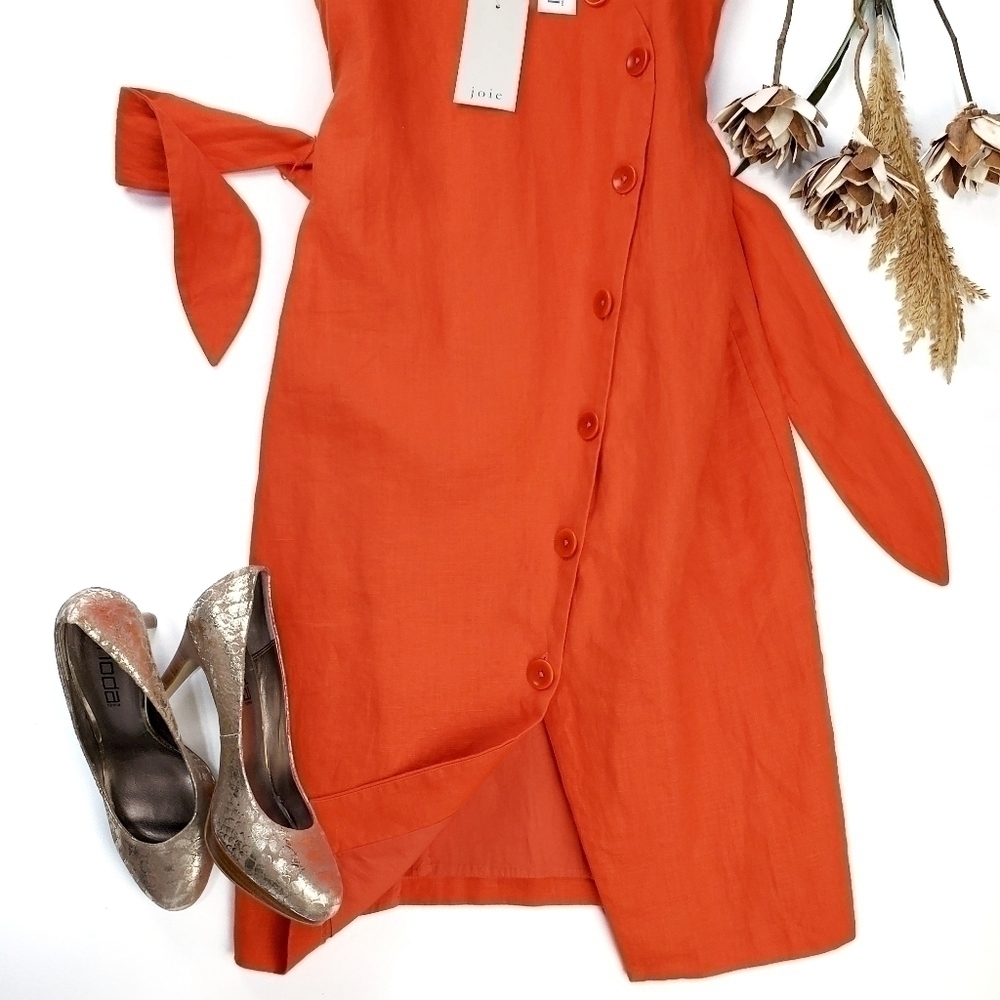 New JOIE Carmell Warm Terra Orange Linen Dress Size Large - Picture 10 of 16